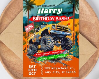 Monster Truck birthday invitation ,Editable Monster Truck invitation ,Phone Invitation Customizable Canva Template Instant Download