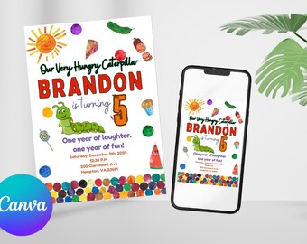 Editable The Very Hungry Caterpillar Birthday Invitation, Canva Template, Mobile Size, Label Tag "thank you"
