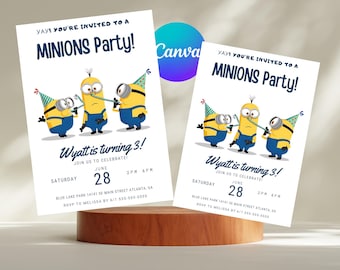 Redigerbar Minion-barnfödelsedagsinbjudan, barnfödelsedagsinbjudan, redigerbar födelsedagsinbjudan med Minion-tema, flickfödelsedag, pojkfödelsedagsinbjudan