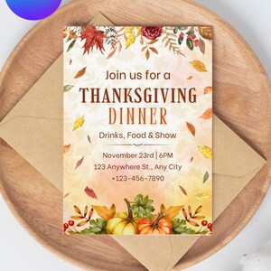 Bearbeitbare Danksagungskarte, Thanksgiving-Einladung, bearbeitbares Thanksgiving-Dinner-Einladung, Thanksgiving-Einladungskarte, digitale Karte