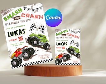 Editable Boy Birthday Invitation, Monster Truck Birthday Invite, Canva Edit, Boys Trucks Birthday, Editable template, Instant Download