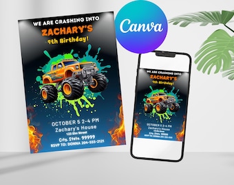 Monster Truck Birthday Invite, Monster Truck Party, Monster Invitation, Invitation For Boys, Printable Birthday Invite, Editable Invites