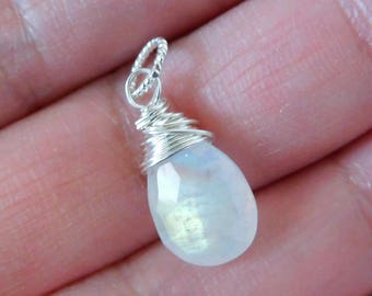 Moonstone Charm Pendant, smooth cut, Pear, 14k Gold Filled or Sterling Silve Wire Wrapped Gemstone Bridal Bridesmaids Gifts gd85a solo