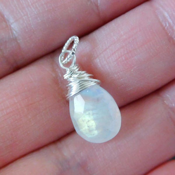 Moonstone Charm Pendant, smooth cut, Pear, 14k Gold Filled or Sterling Silve Wire Wrapped Gemstone Bridal Bridesmaids Gifts gd85a solo