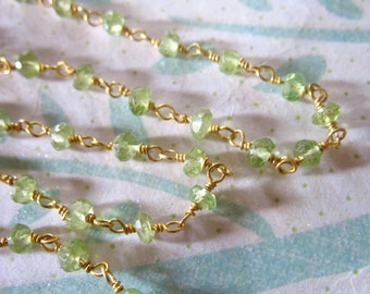 PERIDOT Rosary Chain by the foot, Wire Wrapped Rondelles Gemstone Chain, Silver or Gold Plated, Wholesale Pricing, Jewelry Craft Chain rc.12