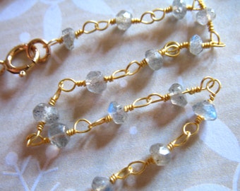 Labradorite Rosary Chain, Gold Plated Wire Wrapped Gemstone Necklace