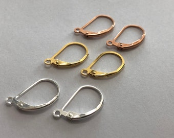 May include: Six earring hooks in three different finishes: silver, gold, and rose gold. The hooks are all the same size and shape.