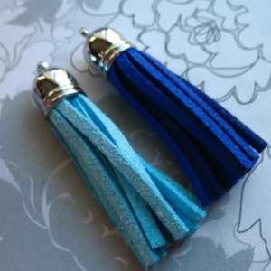 May include: Two leather tassels with silver metal tops. One tassel is blue and the other is light blue.