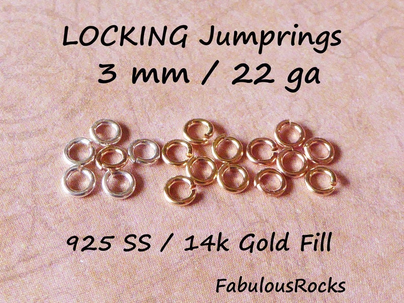 May include: A close-up of 3 mm, 22 gauge locking jump rings in sterling silver and 14k gold fill. The jump rings are arranged in two groups, one of silver and one of gold. The text "LOCKING Jumprings 3 mm / 22 ga 925 SS / 14k Gold Fill FabulousRocks" is visible below the jump rings.
