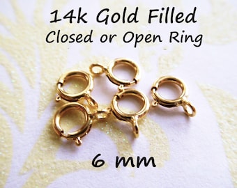 Cierre de anilla de resorte chapado en oro de 14 k, 6 mm, opción de anilla abierta o cerrada, suministros de joyería