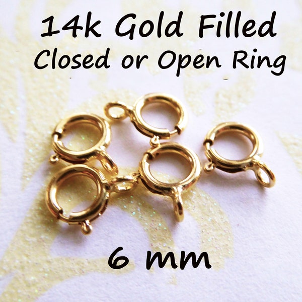 10-100 pcs / Bulk 14k Gold Filled Springring Clasp Spring Ring Clasp Wholesale, 6 mm Open or Closed, finish small to medium chain fc.s solo