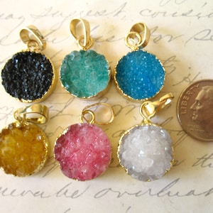 Clearance..Druzy Pendant Charm, 16-18 mm, Aqua Pink White Black, Gold Electroplated, small round wf ap31.2 dr dd