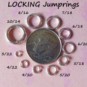 May include: A collection of silver locking jump rings of various sizes, displayed on a pink surface with a US dime for scale. The sizes are labeled in fractions of an inch, such as 8/16, 10/14, 7/18, 6/18, 6/20, 5/18, 5/20, 3/22, 4/22, and 4/20.