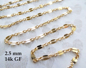1-10 ft, Gold SEQUIN Chain Double Bar Chain Lace Chain, 2.5 mm  14k Yellow GF or Rose Gold Fill Necklace Chain Wholesale mgf mmss m38 q solo