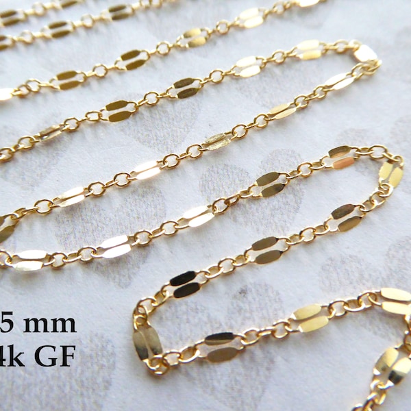 1-10 ft, Gold SEQUIN Chain Double Bar Chain Lace Chain, 2.5 mm  14k Yellow GF or Rose Gold Fill Necklace Chain Wholesale mgf mmss m38 q solo