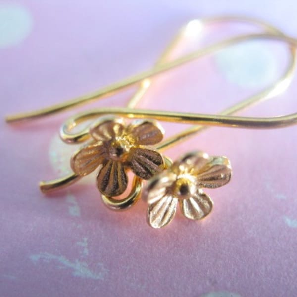 1-10 Pairs, 24k Gold Vermeil CHERRY BLOSSOM FLOWER French Hook Earrings Earwires, 23x11 mm, artisan . petiteflower1 art solo fhe.lf