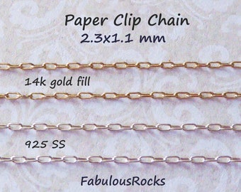 1-100 ft, 14kt Gold Fill or Sterling Silver Paper Clip Chain, 2.3x1.1 mm DRAWN CABLE Unfinished Bulk Chain, Necklace Chain sgf3 s3 q solo