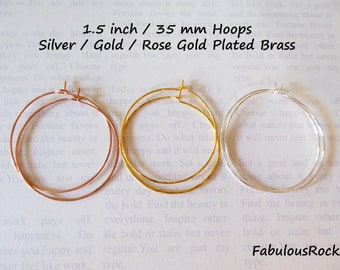 5-100 pairs, Hammered HOOP Earrings Ear Wires Earwire  1.5" or 2", Silver or Gold Brass Hoops, Large Hoops / everyday basic ih.15 ih.2 ber