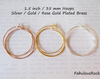 5-100 prs / Ear HOOP Earrings Earwires Ear Wires  Hammered Medium Hoops, 1.5" in, Silver, Gold, Rose Gold Plated Brass / ihm ih.15