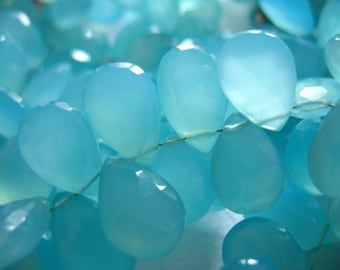 Aqua Blue CHALCEDONY Pear Briolettes Beads   2-20 pcs, Luxe AAA, 12-14 mm  Faceted Chalcedony Gemstone Beads Wholesale  1214 solo