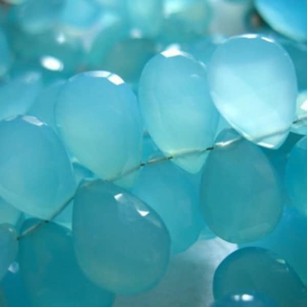 Aqua Blue CHALCEDONY Pear Briolettes Beads   2-20 pcs, Luxe AAA, 12-14 mm  Faceted Chalcedony Gemstone Beads Wholesale  1214 solo