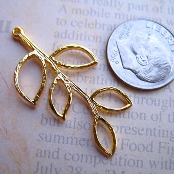 2-100 pcs / FIVE LEAF Branch Links Connectors Charms Pendants, LARGE, 36x17 mm / Gold Brass, woodland nature solo 5lp