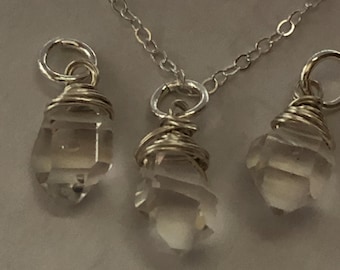 Herkimer Diamond Pendant: Sterling Silver Wire Wrapped Raw Quartz Crystal