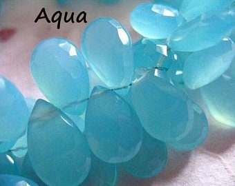 2-10 pcs, CHALCEDONY Gemstone Beads Briolettes, Faceted Pear Gemstone /AAA, 12-14 mm Focal, AQUA Blue / brides bridal March Birthstone 1214