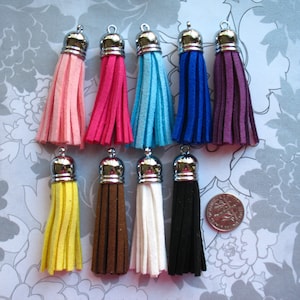 May include: Ten colorful felt tassels with silver metal tops. The tassels are in the colors pink, red, blue, turquoise, purple, yellow, brown, white, and black.