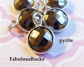 Gemstone CHARM Pendant, Gem Charm Pendant / PYRITE, 24k Plated or Sterling Silver Bezel, 14x11 mm Round / Birthstone Jewelry gcp6  ll