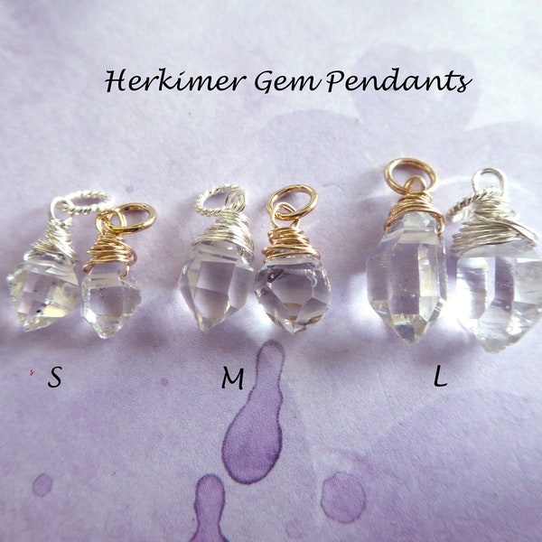 Herkimer Diamond Pendant: Raw Crystal, Sterling Silver/Gold Wire Wrapped