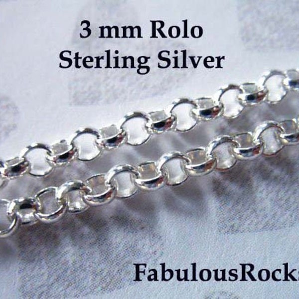 Sterling Silver ROLO Chain by foot, 3.0 mm ROLO, wholesale, heavy weight, unfinished charm bracelet extender necklace chain mmss M56 hp