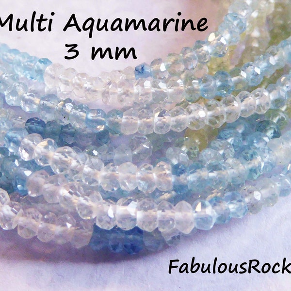 1/2 Strand - AQUAMARINE Rondelles Beads Loose Gemstone Gems / Luxe AAA, 3 mm, Faceted Aqua Blue Bead March Birthstone brides bridal solo ar9