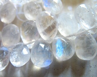 Rainbow MOONSTONE Briolettes Beads, 7-8 mm, Faceted Pear, tons blue flashes, brides bridal June birthstone 78