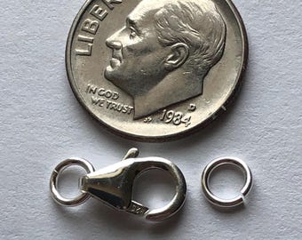 Sterling Silver Lobster Clasp Set with Jump Rings, 14x6mm