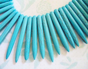 25-100 pcs, Turquoise Long Spike Beads Charm Pendant, Dyed Howlite Long POINT, 25-50 mm, December Birthstone, Aqua Blue Stick Spike