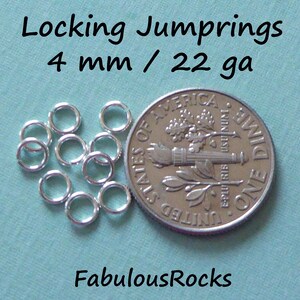 May include: Silver locking jump rings, 4 mm in diameter, 22 gauge, shown next to a US dime for size comparison.  FabulousRocks.