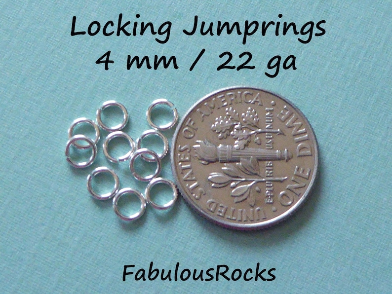 May include: Silver locking jump rings, 4 mm in diameter, 22 gauge, shown next to a US dime for size comparison.  FabulousRocks.