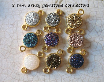 Druzy Drusy Bezel Gemstone Connectors Links Pendant Charm, Drussy Druzzy, 8 mm, Sterling Silver or Gold Plated, Double Bail, ap gcl.d2 dd