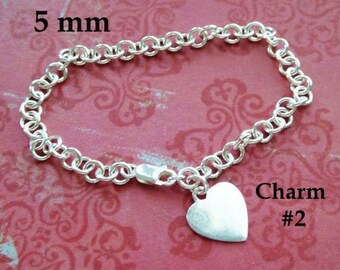 Charm Bracelet Sterling Silver Charm Bracelet FINISHED Bracelet Chain  Heavy 5.0 mm ROLO, choose 6.5" - 7" - 7.5" inch  Thick 18 ga b100 hp