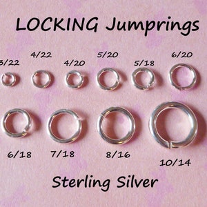 May include: Assortment of silver locking jump rings in various sizes, labeled with their measurements in fractions of an inch.  The jump rings are on a pink background.  The text "LOCKING Jumprings" and "Sterling Silver" are also visible.