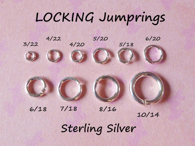 May include: Assortment of silver locking jump rings in various sizes, labeled with their measurements in fractions of an inch.  The jump rings are on a pink background.  The text "LOCKING Jumprings" and "Sterling Silver" are also visible.