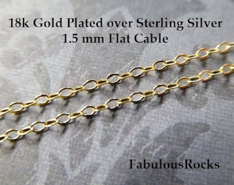 5-100 ft, Gold Chain, 1.5 mm Flat Cable Chain / 18k Gold Plated Over Sterling Silver / Wholesale Jewelry Chain, ss sgf s88 v88 .