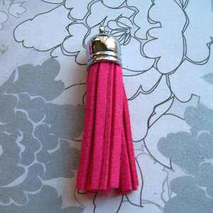 May include: A bright pink tassel with a silver metal top. The tassel is made of soft, fuzzy material.