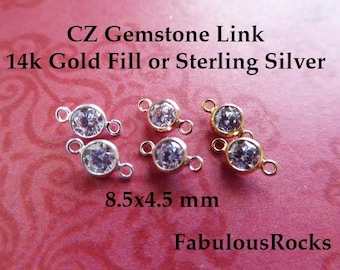 Gemstone Connectors Links, Bezel CZ, 14k Gold Filled or Sterling Silver, 8.5x4.5 mm, petite dainty tiny 4 mm CZ round GCL2 ll solo gc czl