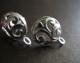 Sterling Silver Post Earrings Earwires, 13x9.5 mm, Flower and Scroll, artisan bali organic floral pe solo  p2 hp