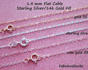 Gold Fill Chain, Rose Gold Fill, Sterling Silver FINISH Necklace, 14" 16" 18" 20" 22" 24" 30" 36" inch, 1.4 mm Flat Cable Wholesale Chain g1