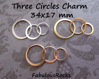 10 pcs / Triple Circle Charm Pendant Link, Past Present Future Eternity Infinity Linked Circles / Sterling Silver or Gold Vermeil, 34x17 mm