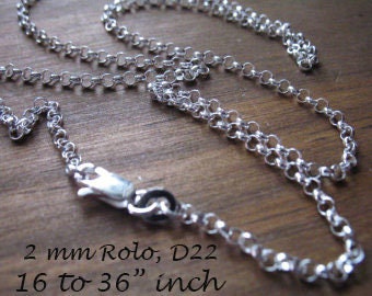 Sterling Silver Chain, 2 mm ROLO CHAIN, Finished Necklace Chain, 16-36" inch  done  d22.16 18 20 24 30 36 ox