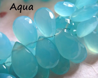 CHALCEDONY Pear Briolettes Beads, 10-12 mm, Large Aqua Blue Faceted Focals Wholesale Chalcedony Gemstones Brides Bridal 1012
